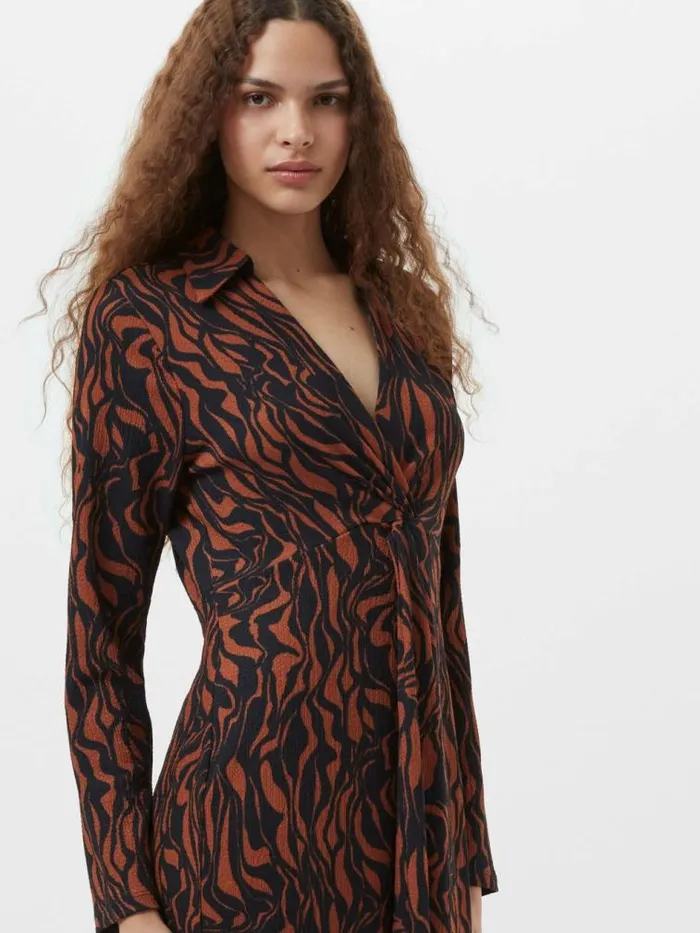 French Connection Zaria Textured Abstract Print Long Sleeve Dress Blackbrown Women Dresses