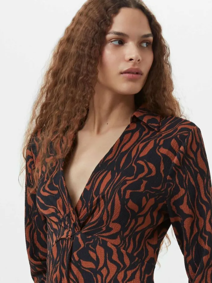 French Connection Zaria Textured Abstract Print Long Sleeve Dress Blackbrown Women Dresses