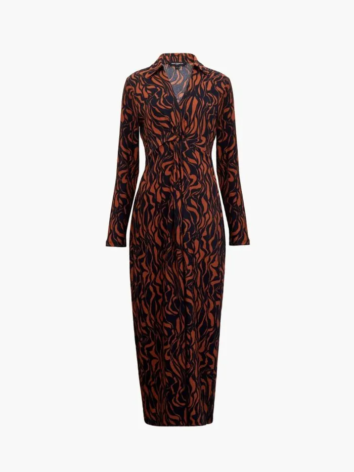 French Connection Zaria Textured Abstract Print Long Sleeve Dress Blackbrown Women Dresses