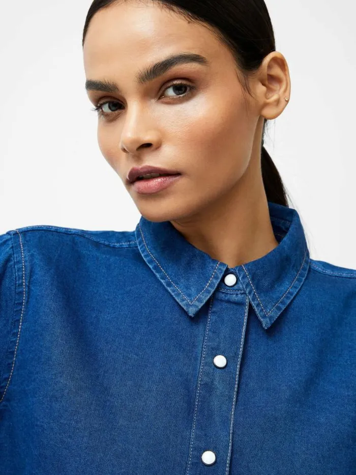 French Connection Zaves Chambray Balloon Sleeve Shirt Chambray Blue Women Tops