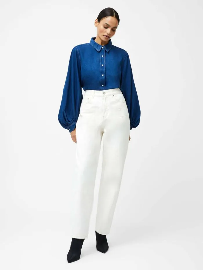 French Connection Zaves Chambray Balloon Sleeve Shirt Chambray Blue Women Tops