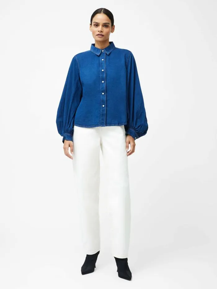 French Connection Zaves Chambray Balloon Sleeve Shirt Chambray Blue Women Tops