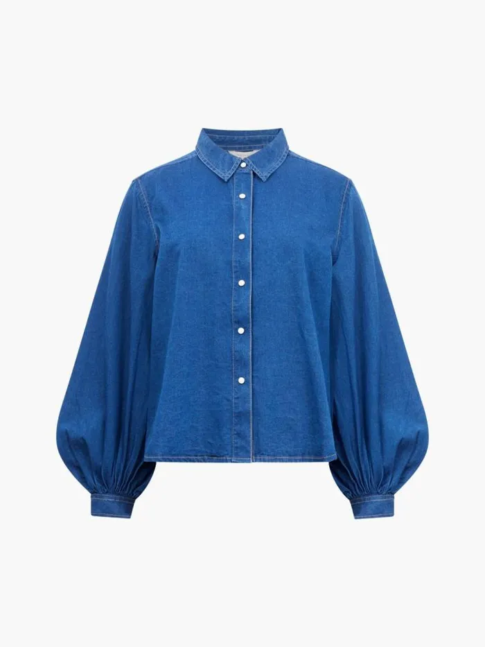French Connection Zaves Chambray Balloon Sleeve Shirt Chambray Blue Women Tops