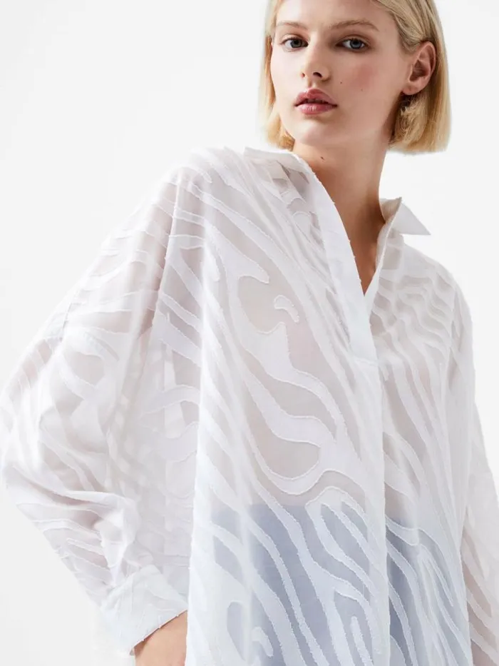 French Connection Zebra Devore Popover Shirt Winter White Women Tops