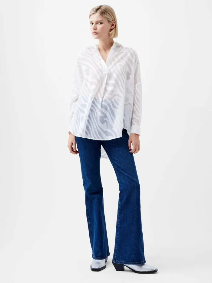 French Connection Zebra Devore Popover Shirt Winter White Women Tops