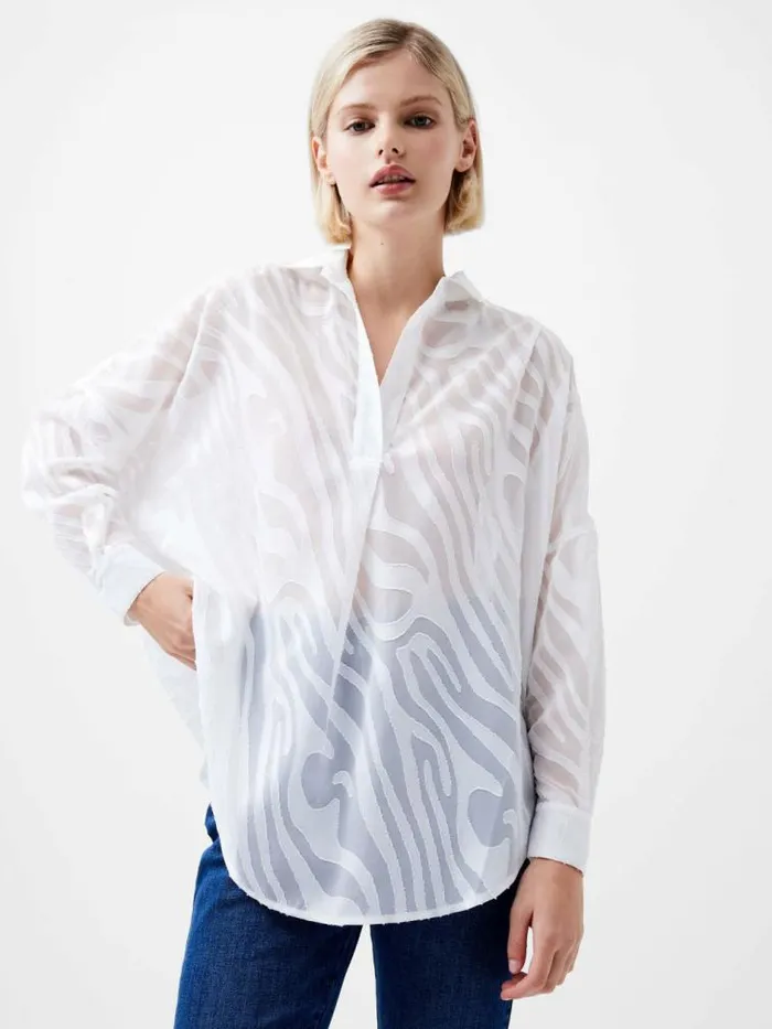 French Connection Zebra Devore Popover Shirt Winter White Women Tops