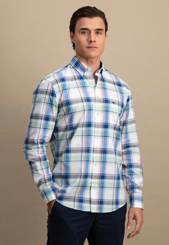 FYNCHHATTON Checked Shirt With Buttondown Collar images Longsleeved And Short Arm Sunny Orangestrong Bluenavy Men Shirts