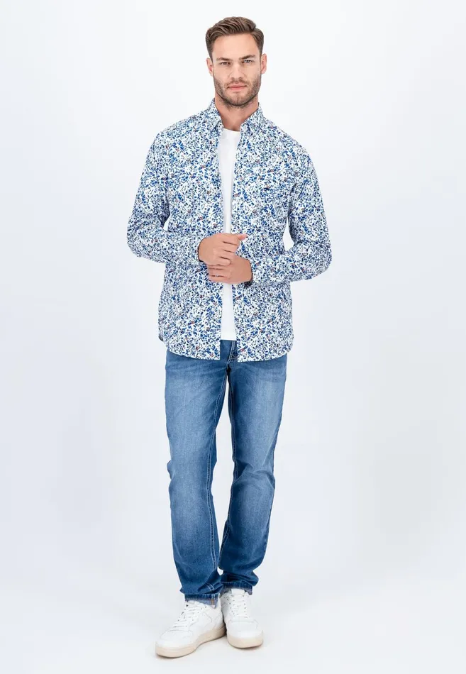 FYNCHHATTON Cotton Shirt With Floral Print Dark Emeraldsummer Breezevibrant Blue Men Shirts