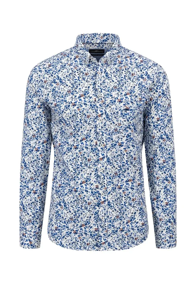 FYNCHHATTON Cotton Shirt With Floral Print Dark Emeraldsummer Breezevibrant Blue Men Shirts