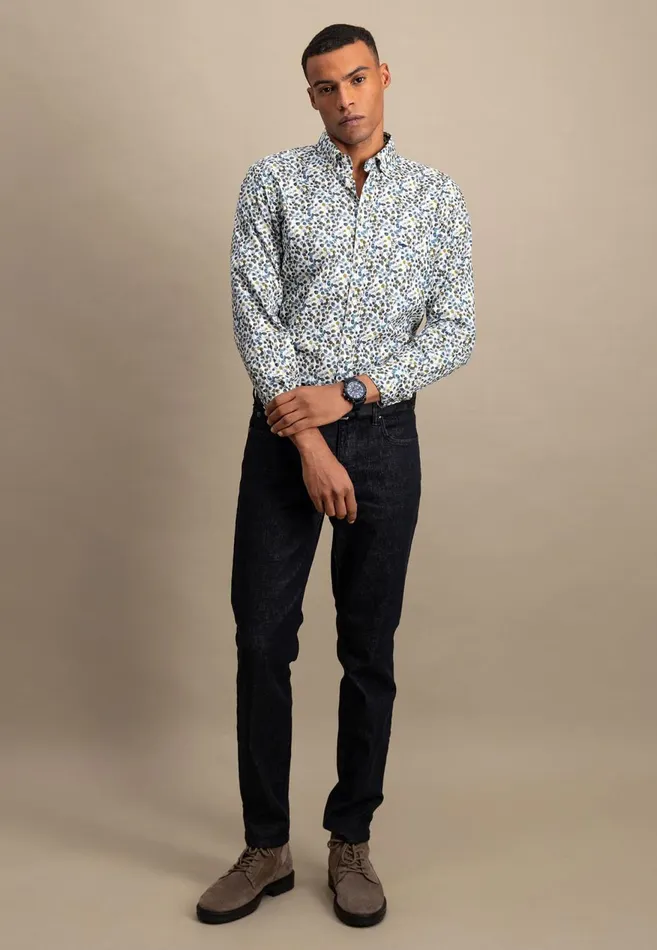 FYNCHHATTON Cotton Shirt With Floral Print Dark Emeraldsummer Breezevibrant Blue Men Shirts