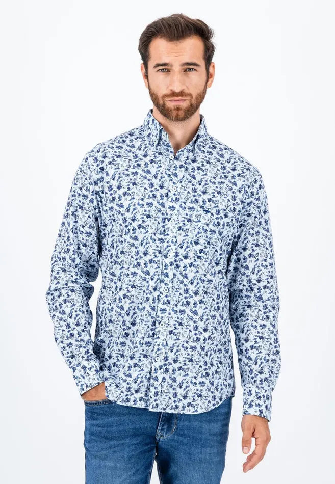 FYNCHHATTON Cotton Shirt With Floral Print Dark Emeraldsummer Breezevibrant Blue Men Shirts