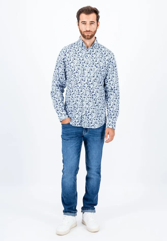 FYNCHHATTON Cotton Shirt With Floral Print Dark Emeraldsummer Breezevibrant Blue Men Shirts