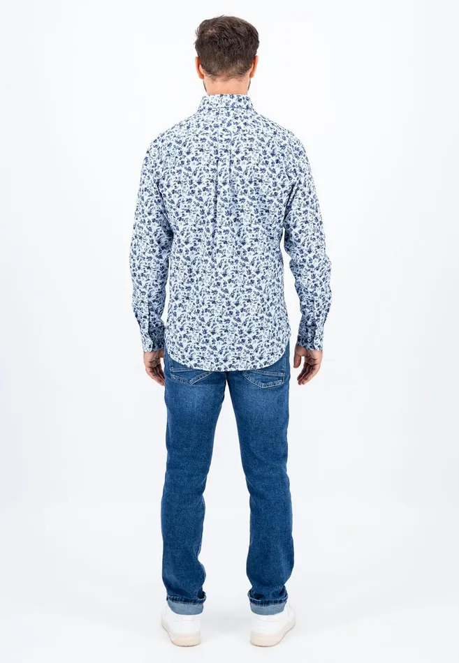 FYNCHHATTON Cotton Shirt With Floral Print Dark Emeraldsummer Breezevibrant Blue Men Shirts