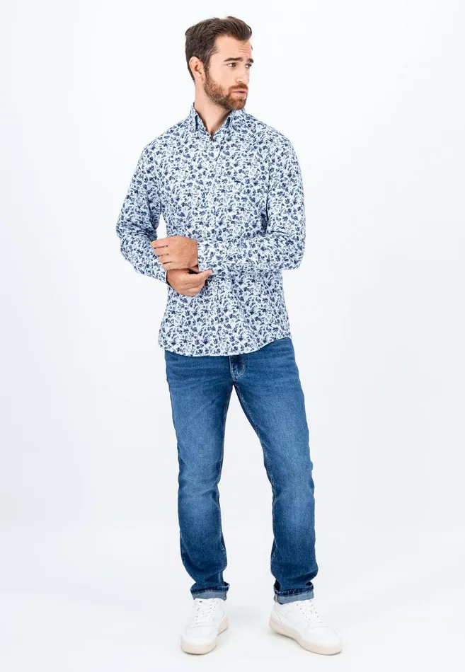 FYNCHHATTON Cotton Shirt With Floral Print Dark Emeraldsummer Breezevibrant Blue Men Shirts
