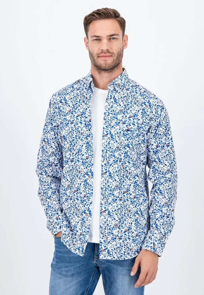 FYNCHHATTON Cotton Shirt With Floral Print Dark Emeraldsummer Breezevibrant Blue Men Shirts