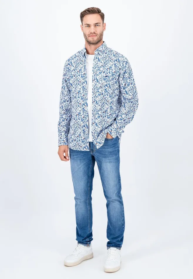 FYNCHHATTON Cotton Shirt With Floral Print Dark Emeraldsummer Breezevibrant Blue Men Shirts