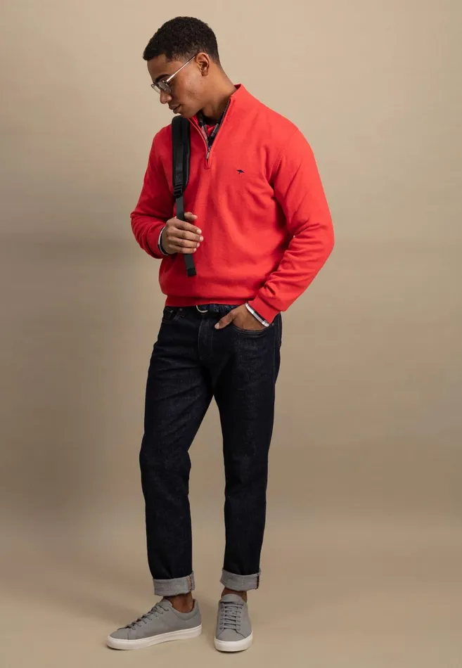 FYNCHHATTON Knitting Sweater With A Troyer Collar Poppy Redstrong Bluesummer Breezesplashy Oceanturf Greenmalagajade Men Sweater