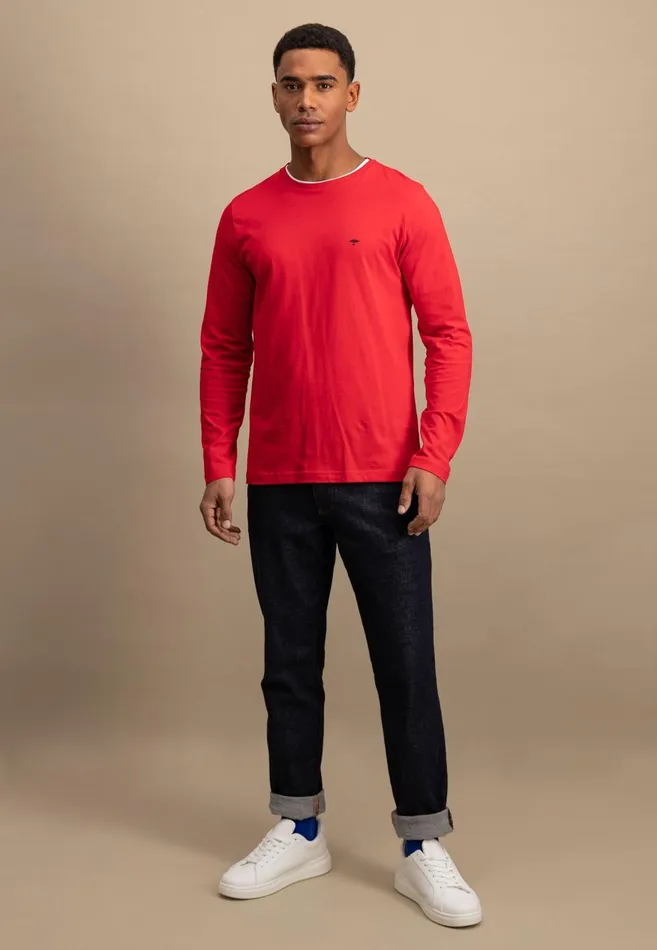 FYNCHHATTON Long sleeved Shirt With A Round Neckline Navymidnightasphaltpoppy Redblackstrong Bluewhite Men Tshirts