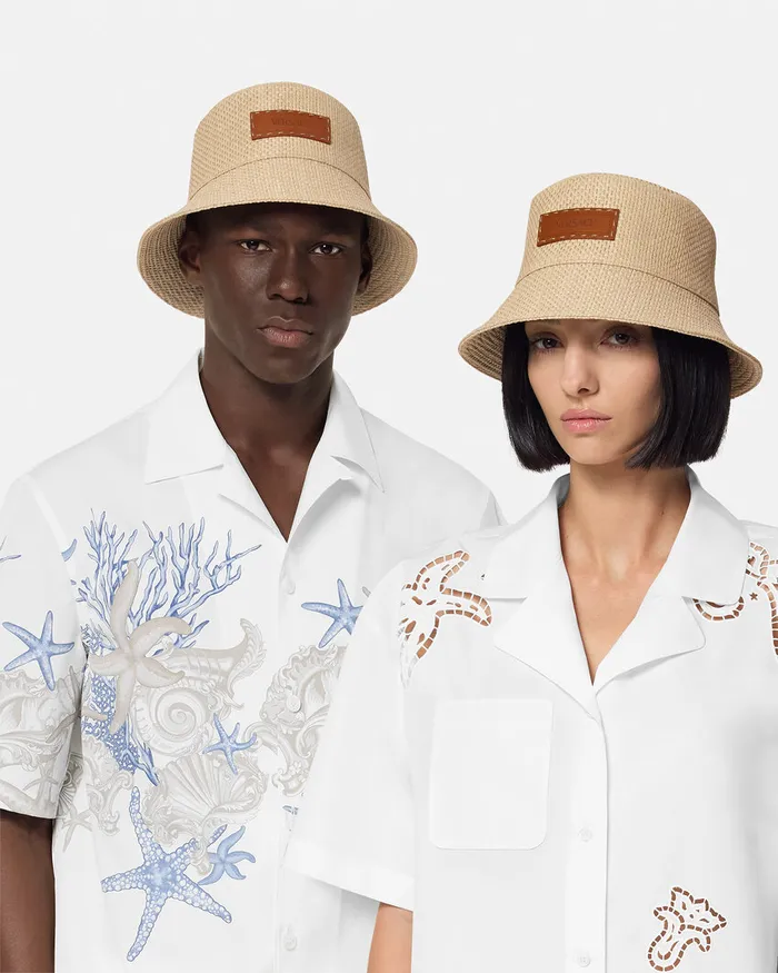 Hats and Caps WomenMen Versace Logo Raffia Bucket Hat Beige
