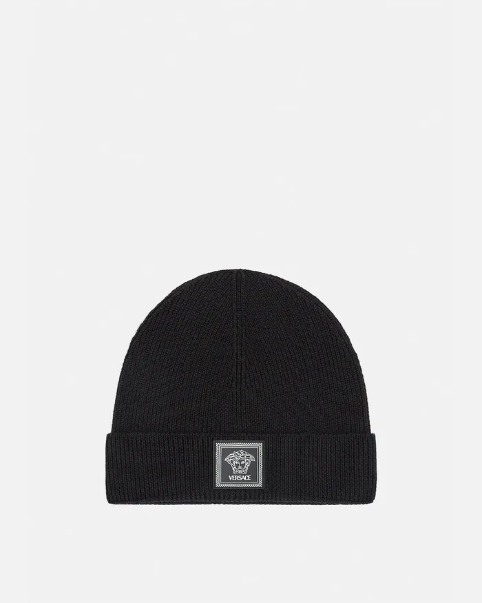 Hats and Caps WomenMen Versace Medusa Wool Ribbed Beanie Black