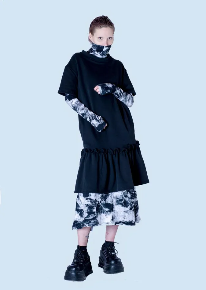 Henrik Vibskov Boutique French Terry TShirt Ruffle Dress 8211 Ash Black Women Dresses
