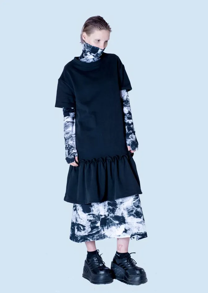 Henrik Vibskov Boutique French Terry TShirt Ruffle Dress 8211 Ash Black Women Dresses