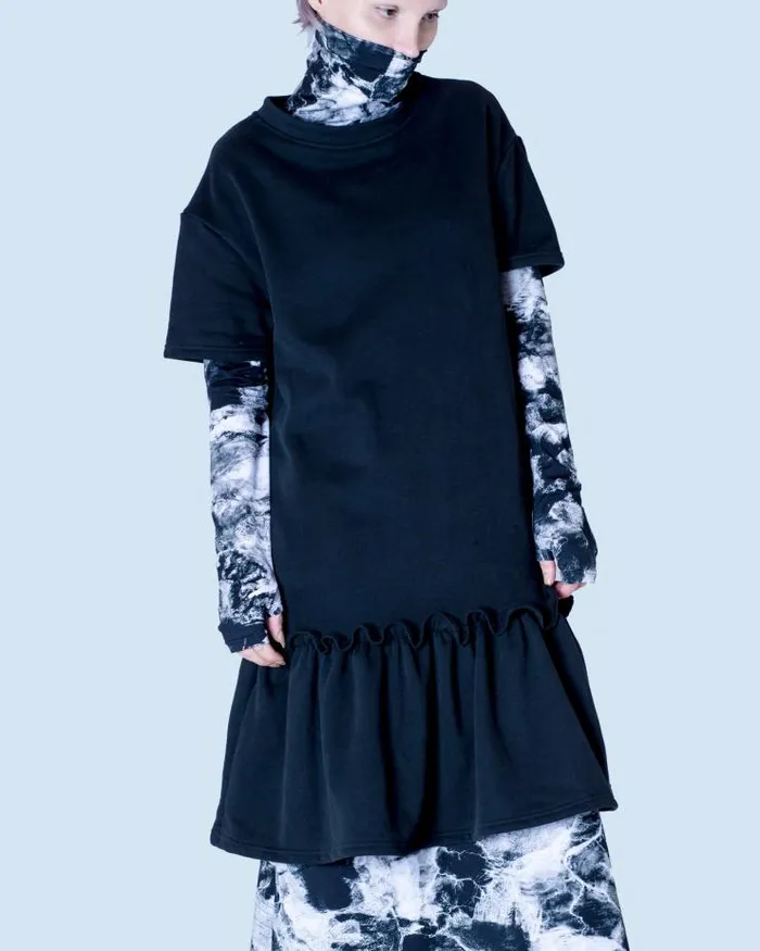 Henrik Vibskov Boutique French Terry TShirt Ruffle Dress 8211 Ash Black Women Dresses