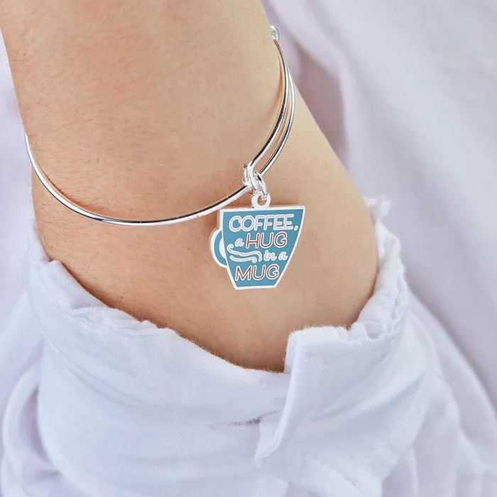 Iconic Women Alex And Ani Coffee A Hug In A Mug039 Charm Bangle Bracelet Shiny Silver
