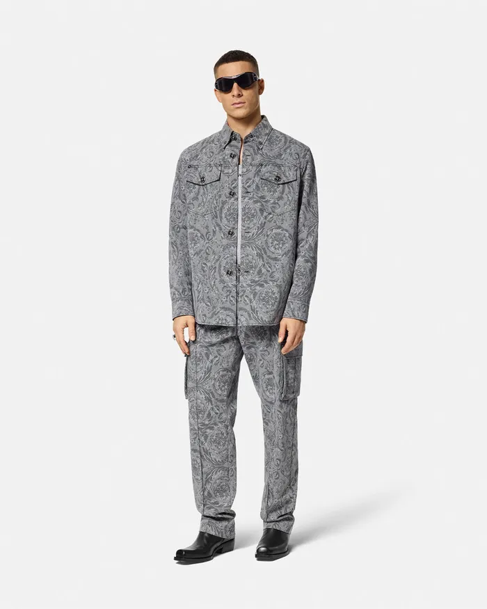 Jackets and Coats Men Versace Barocco Jacquard Gabardine Overshirt Gray