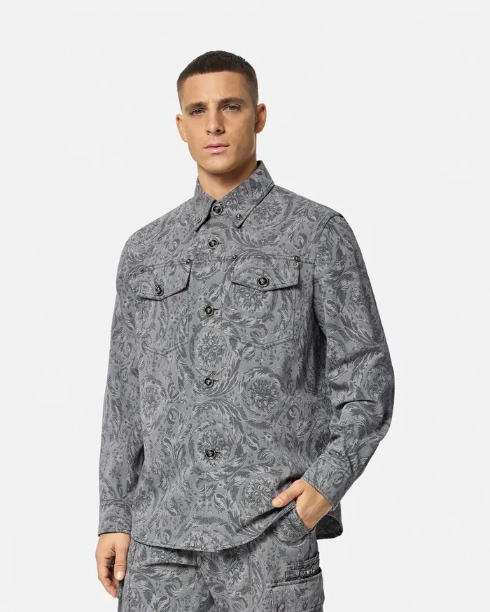 Jackets and Coats Men Versace Barocco Jacquard Gabardine Overshirt Gray