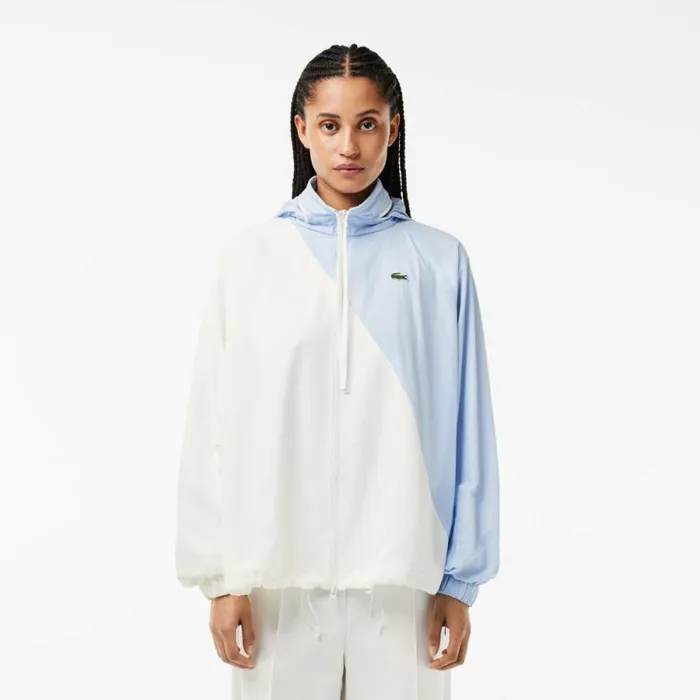 Jackets and Coats Women Lacoste Women039s Stowable Hood Oversized Colorblock Track Jacket White Light Blue Irq