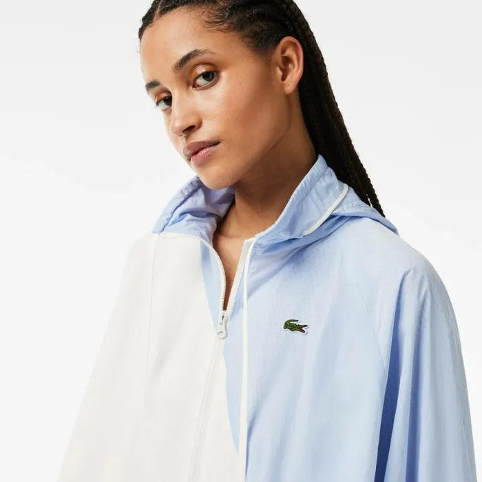 Jackets and Coats Women Lacoste Women039s Stowable Hood Oversized Colorblock Track Jacket White Light Blue Irq