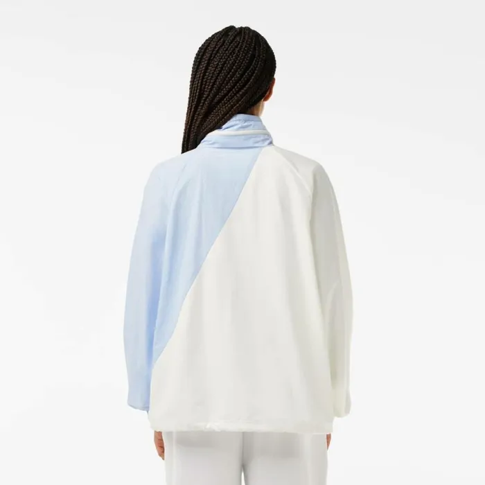 Jackets and Coats Women Lacoste Women039s Stowable Hood Oversized Colorblock Track Jacket White Light Blue Irq