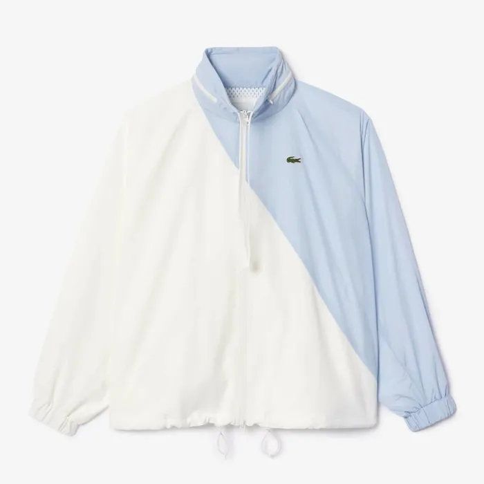 Jackets and Coats Women Lacoste Women039s Stowable Hood Oversized Colorblock Track Jacket White Light Blue Irq