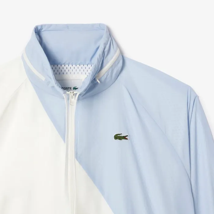Jackets and Coats Women Lacoste Women039s Stowable Hood Oversized Colorblock Track Jacket White Light Blue Irq