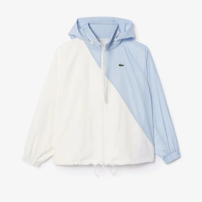Jackets and Coats Women Lacoste Women039s Stowable Hood Oversized Colorblock Track Jacket White Light Blue Irq