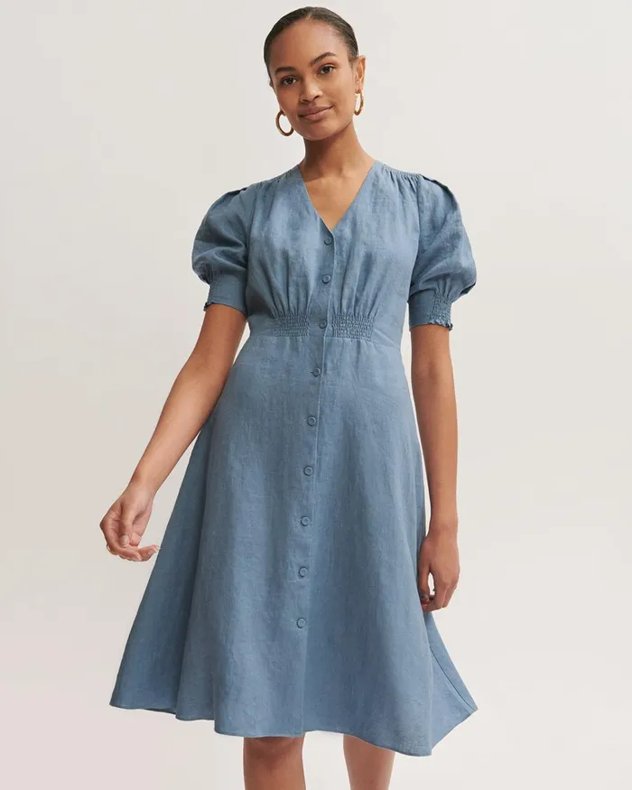 Jigsaw Dresses and Jumpsuits Women Linen Button Front Tea Dress Blue