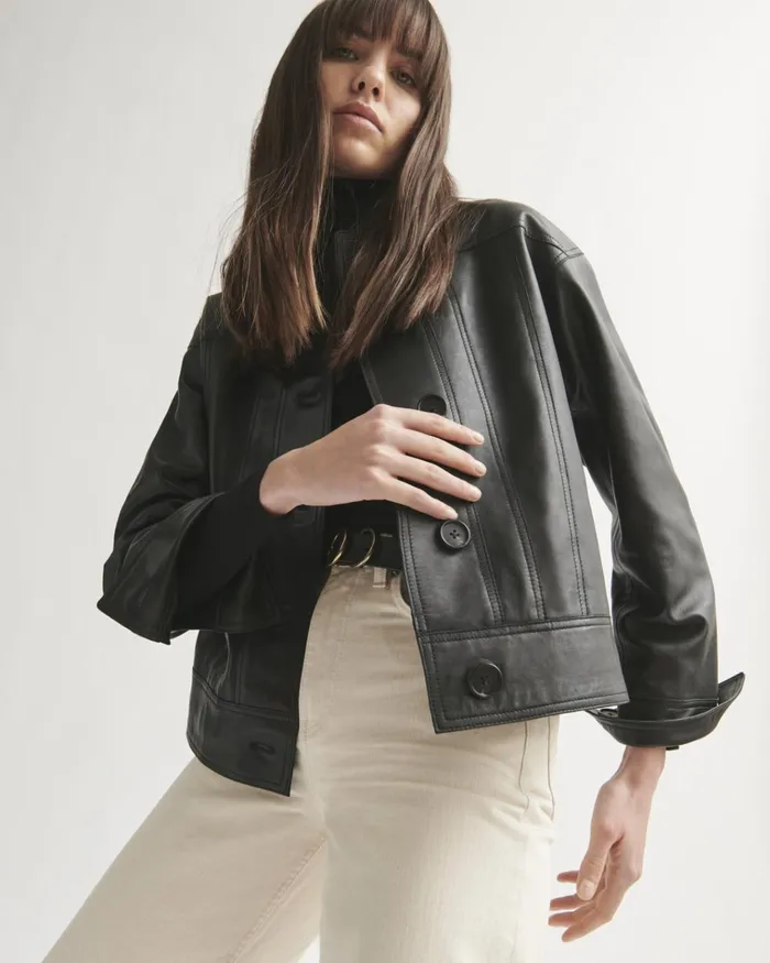 Jigsaw Jackets Women Cropped Leather Jacket Black