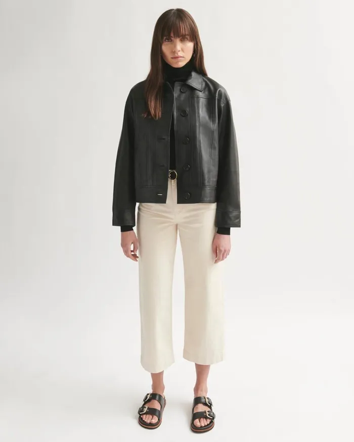 Jigsaw Jackets Women Cropped Leather Jacket Black