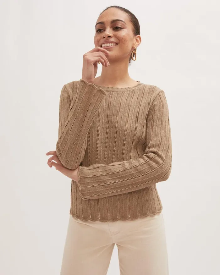 Jigsaw Knitwear and Cashmere Women Cotton Lace Crew Neck Jumper Brown