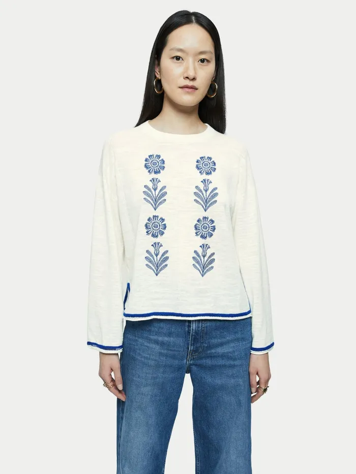Jigsaw Knitwear and Cashmere Women Linen Cotton Embroidered Jumper Cream