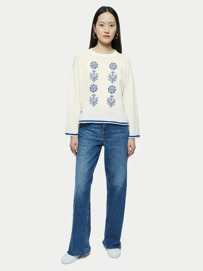Jigsaw Knitwear and Cashmere Women Linen Cotton Embroidered Jumper Cream