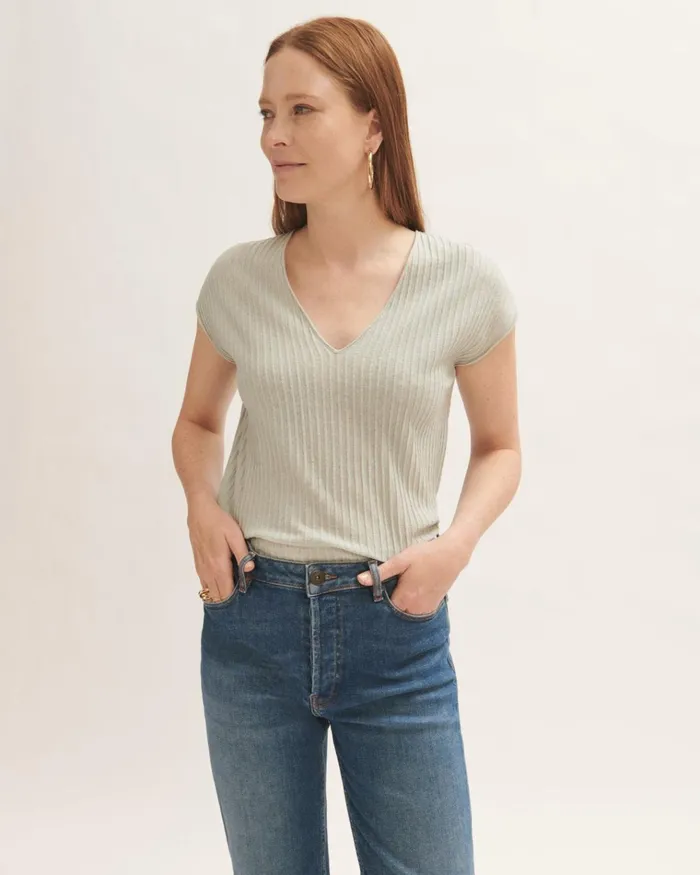 Jigsaw Knitwear and Cashmere Women Sheer Pleated V Neck Top Green