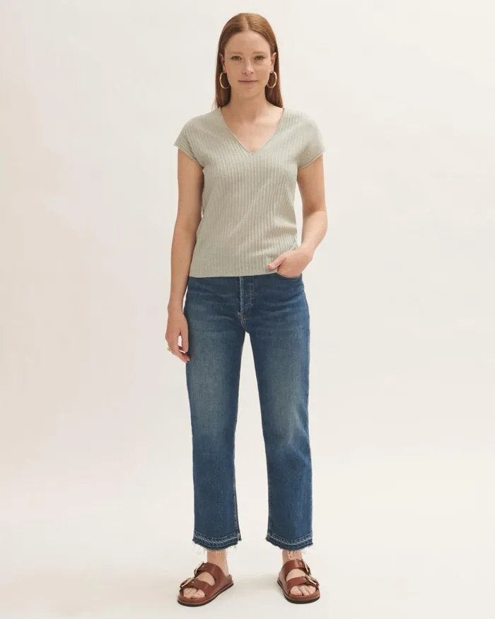 Jigsaw Knitwear and Cashmere Women Sheer Pleated V Neck Top Green