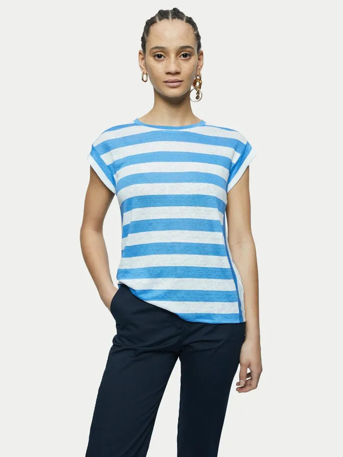 Jigsaw Tshirts Women Linen Bold Stripe Short Sleeve Tee Blue