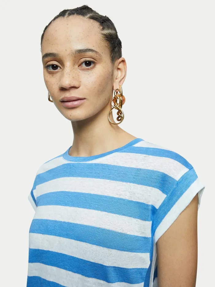 Jigsaw Tshirts Women Linen Bold Stripe Short Sleeve Tee Blue