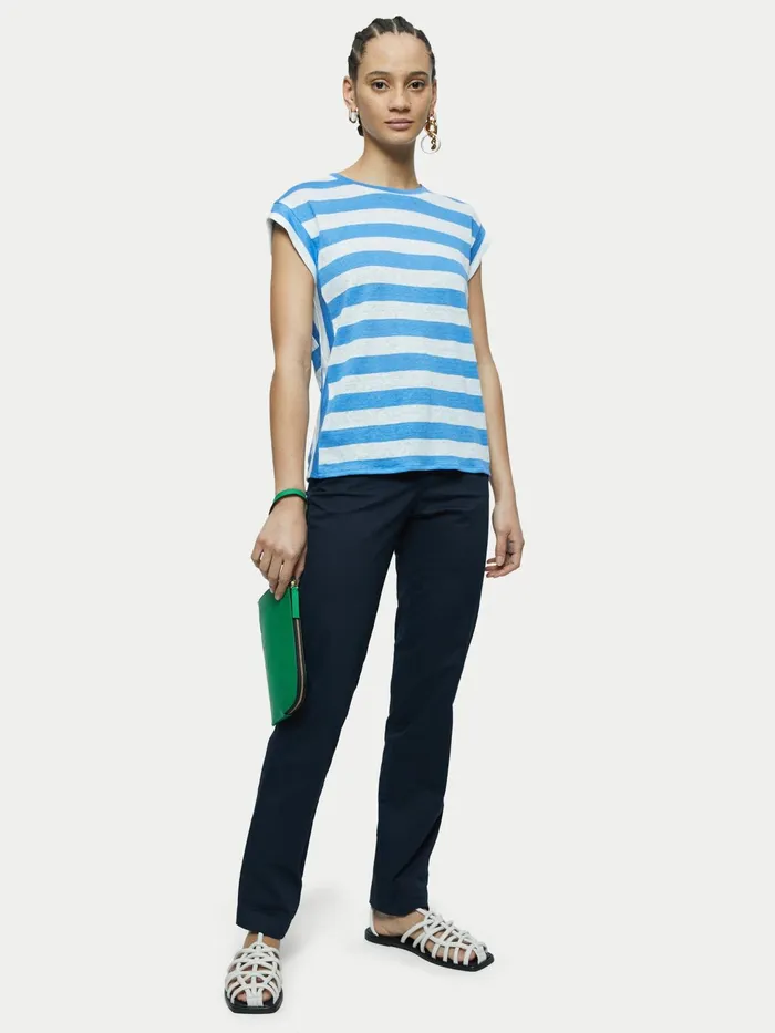 Jigsaw Tshirts Women Linen Bold Stripe Short Sleeve Tee Blue