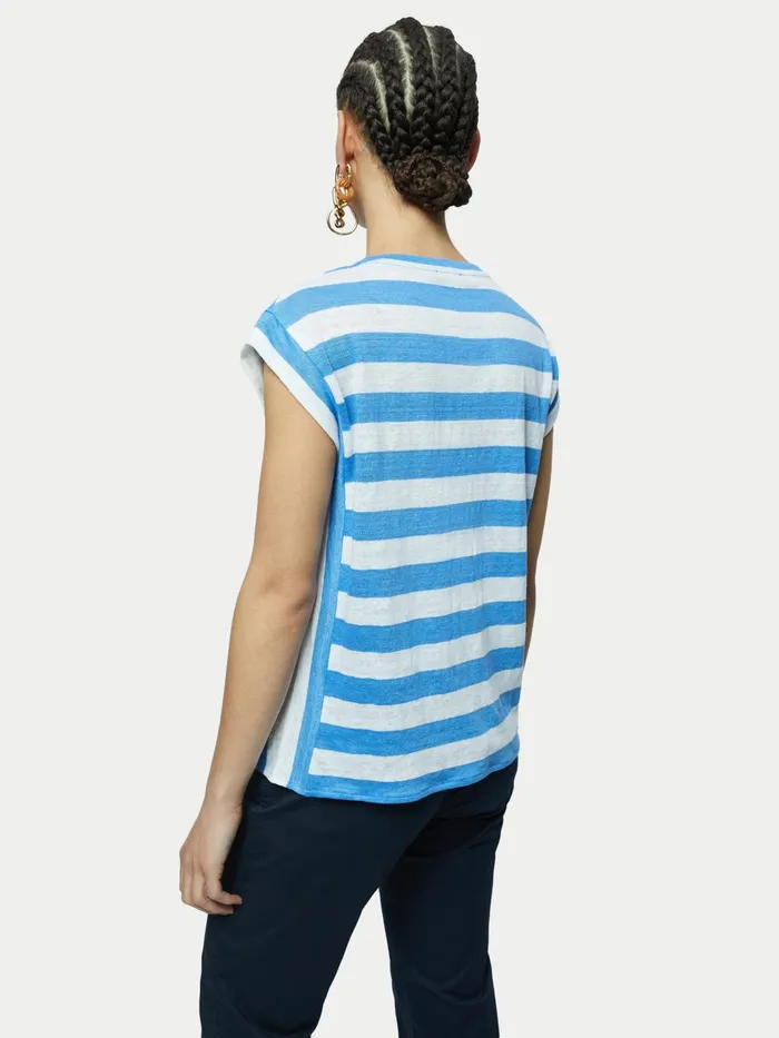 Jigsaw Tshirts Women Linen Bold Stripe Short Sleeve Tee Blue