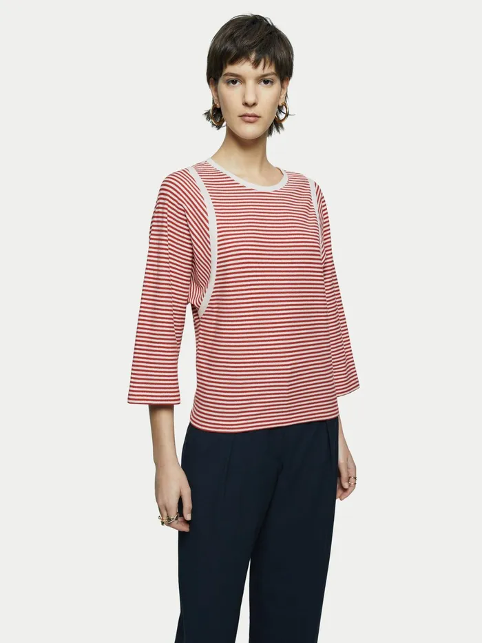 Jigsaw Tops Women Cotton Stripe Contrast Trim Tee Red