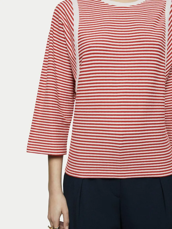 Jigsaw Tops Women Cotton Stripe Contrast Trim Tee Red